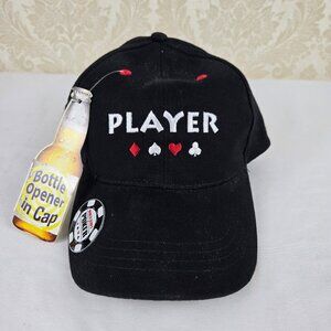 World Series of Poker "Player" Ball Cap Bottle Opened in Cap Black Red White NWT
